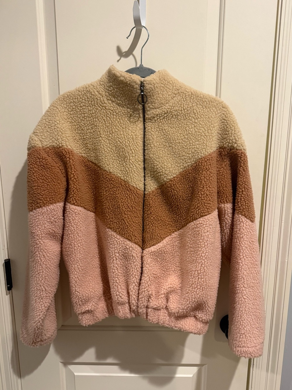 FavLux Cozy Colorblock Sherpa Jacket - Pink, Tan, Cream